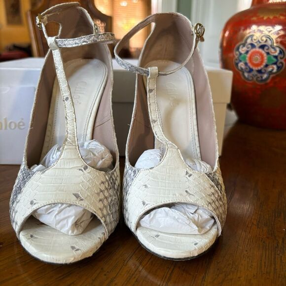 Chloé Ivory Python T-Strap Chunky Heel Shoes, Size 6 – EUC in Original Box - Picture 3 of 14